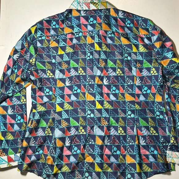 Manoush Geometric Button Down Shirt With Front Pocket 100% Silk Sz 10 F - Picture 3 of 4